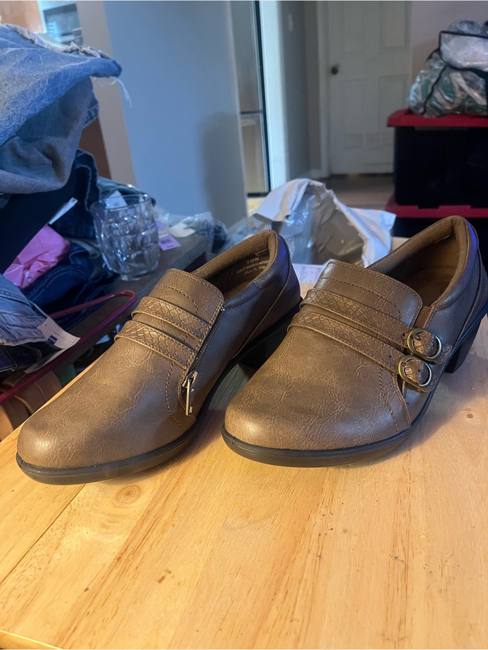 easy street Brown Slip-On Loafers with Side Buckles